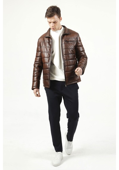 Dericlub E924 Şişme Gerçek Deri Erkek Mont Camel Antik Camel