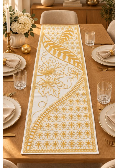 Nakışlı Geometrik Desenli Dekoratif Runner Masa Örtüsü 45x120 Cm Sarı