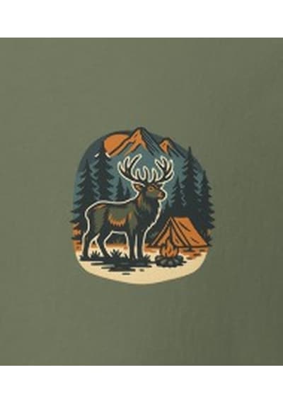 Wildstyle Geyik Renkli Vintage Yaban Hayat Doğa Orman Dağ Baskılı Unisex Bisiklet Yaka Pamuklu Tişört Haki