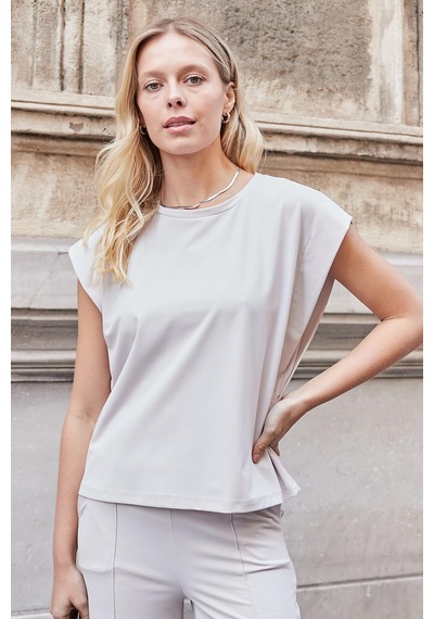 Jument Kadın Modal İpeksi Likralı Kumaş Geniş Sıfır Yaka Düşük Omuzlu T-shirt Bluz-taş Taş