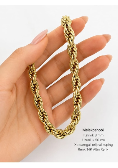 Melekcehobi 14k Altın Renk 8 Mm Kalın Halat Burgu Zincir Kolye 50 Cm Altın Sarı