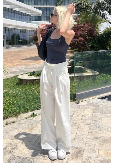Madmext Beyaz Yüksek Bel Rahat Kesim Bol Paça Pantolon Mg2120-beyaz Beyaz