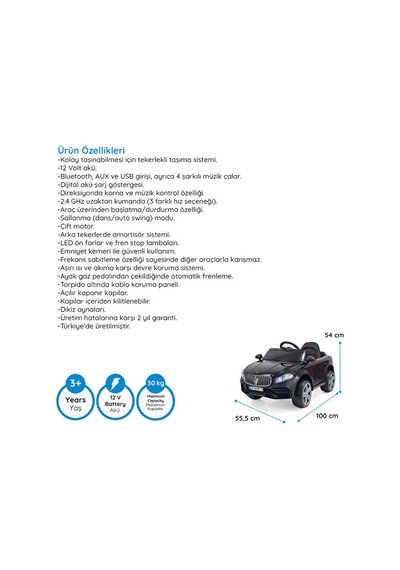 Akar Oyuncak Massimo Gt 12 Volt 4x2 Uzaktan Kumandalı Akülü Çocuk Arabası Siyah