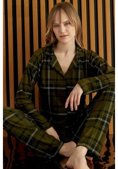 Cotonhause Kadın Önden Düğmeli Süet Ekose Yeşil Pijama Takımı C5t6n6o0-7 001