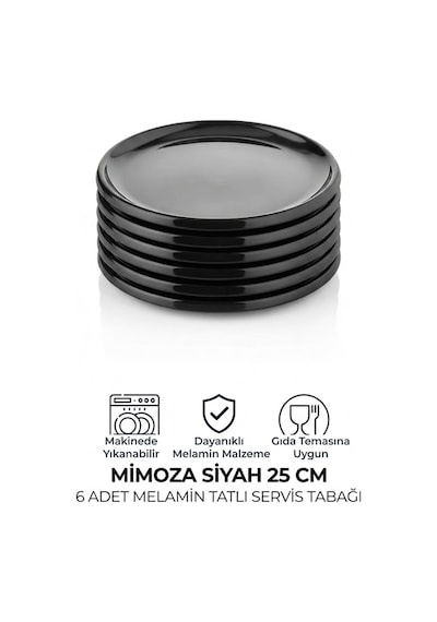 6 Adet Melamin Tatlı Servis Sunum Tabağı Makinede Yıkanabilir Dayanıklı Mimoza Siyah 25 Cm