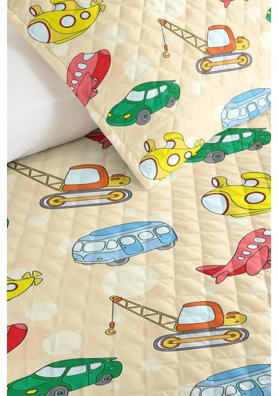 Evimde Bambaşka Ulaşım Temalı Sarı Erkek Çocuk Pike Takımı - Çizgi Araçlı Krem Bebek Odası Yatak Örtüsü - 160x220  CM