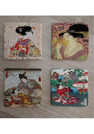 Japon Sanatı Kadınları Doğal Taş Bardak Altlığı 4'lü Set Taş Çok Renkli