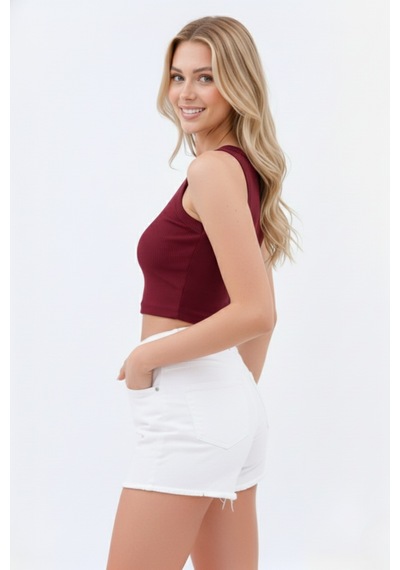 Zedefx Kadın Halter Yaka Pencere Detaylı Crop Bluz bordo