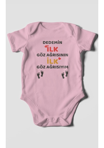 Dedemin İlk Göz Ağrısıyım Baskılı Bebek Zıbını Çıtçıtlı Body %100 Pamuk Kısa Kol Koyu Pembe