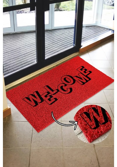 Welcome Paspas - Kıvırcık Paspas - İç Ve Dış Mekan Paspası - Kapı Önü Paspası Kırmızı
