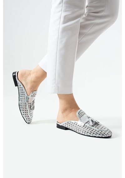 Dericia Shoes Fable Hakiki Deri Günlük Rahat Kadın Terlik Gümüş