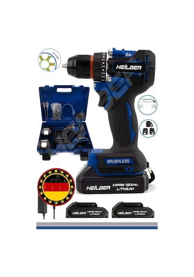 Heilber Ba01013m Alman Max V998 15ahm Mavi Bakır Sargılı Çift Batarya Akülü Vidalama Çelik Şanzıman Şarjlı Matkap