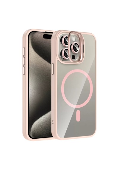 Apple iPhone Uyumlu 14 Pro Max Remim Lensli Magsafe Standlı Kapak - Pembe Bzsxx00 1