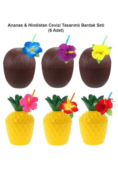 Ananas &amp Amp Hindistan Cevizi Tasarımlı Pipetli Bardak Seti 6 Adet Çok Renkli