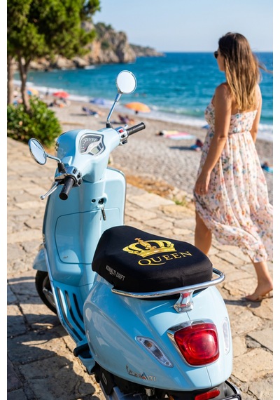 Queen Universal Motor Sele Kılıfı Siyah Scooter Sele Koruyucu Kadınlara Özel %100 Polyester Yıkanabilir Koltuk Kılıfı