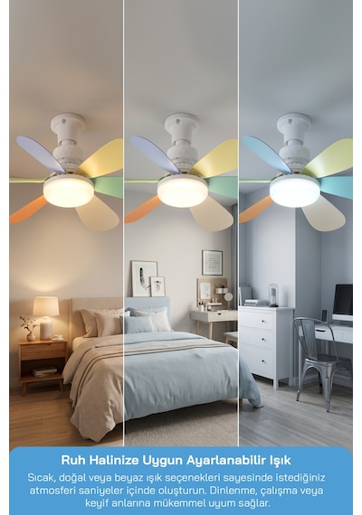 Sf-7708 3 Led Aydınlatmalı Sessiz Tavan Vantilatörü Kumandalı 6 Kanatlı