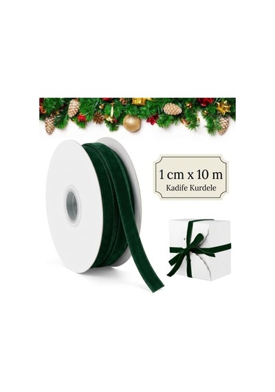 Koyu Yeşil Kadife Kurdele, 1 Cm X 10 Metre, Yılbaşı Hediye Paketi Standart