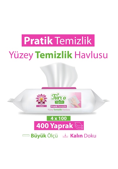 Turco Doğadan Pratik Yüzey Temizlik Havlusu Lotus 4x100 400 Yaprak Beyaz