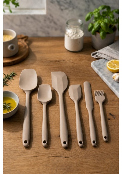 6'lı Bej Silikon Spatula Seti Isıya Dayanıklı Silikon Mutfak Gereçleri Hamur Kazıyıcı, Pasta Spatulası, Silikon Fırça Yapışmaz Tencere Ve Tava Uyumlu Bej Bej