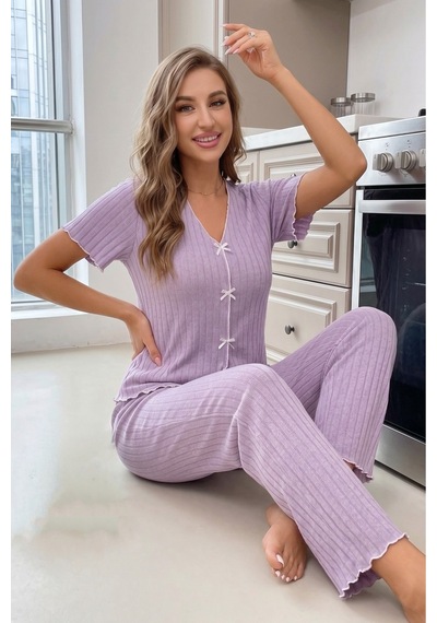 Bella Notte Lila Kısa Kollu V Yaka Pamuklu Fiyonklu Pijama Takımı