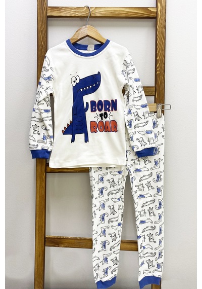 Hçm Erkek Çocuk Pijama Takımı Dinozor Baskılı Bisiklet Yaka C65 Mavı