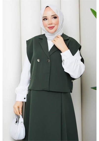 Neşeli Butik Kadın Yeşil Düğme Detaylı Yelek Bluz Etek Üçlü Tesettür Takım Nbft007