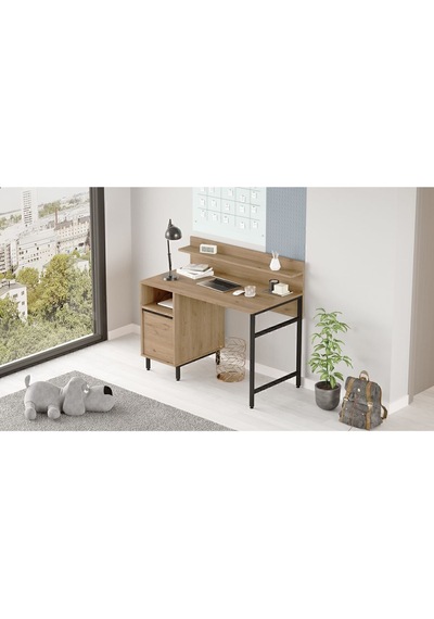 Bohem Çalışma Masası 60x120cm Raflı Dolaplı Metal Ayaklı Sepet Boh16-s Kahverengi