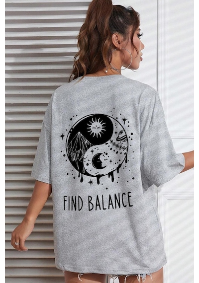Flood Of Style Unisex Yin & Yang Baskılı T-shirt Gri