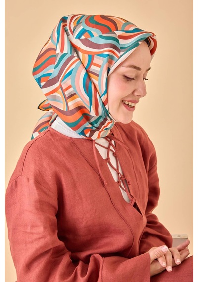 Silk Home Twill İpek Eşarp 11471-35 Kahverengi, Somon, Turuncu, Petrol Mavi, Mercan