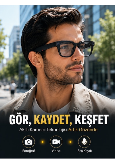 Siyah Bluetooth Akıllı Kamera Gözlüğü Fotoğraf Video Ses Kayıtlı Aı Sesli Asistanlı Manyetik Şarjlı 3 Lensli - Lisinya
