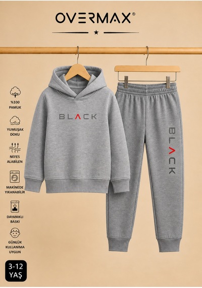 Overmax Çocuk Kapüşonlu Black Baskılı Eşofman Takımı 3-12 Yaş Gri Üst- Gri Alt - 915958428 Gri Üst- Gri Alt