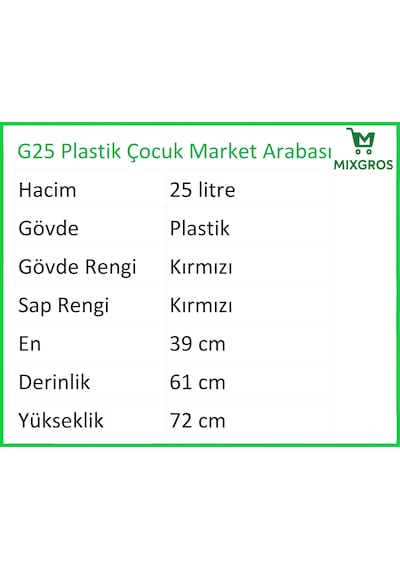 G25 Plastik Çocuk Market Alışveriş Arabası 25 Litre Kırmızı