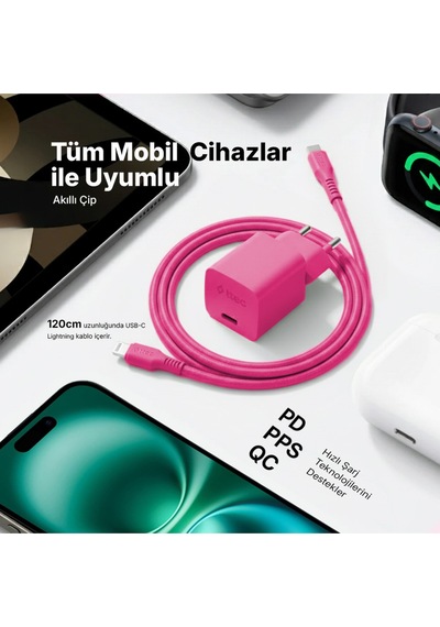 Smartcharger Gan 20w Pd Seyahat Hızlı Şarj Aleti+usb-c-lightning 120cm Kablo Neon Pembe