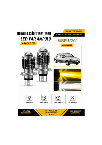Renault Cio 1 1991-1998 H4 Led Far Ampulü Sarı-beyaz Işık Canbus Mini Lensli 2'li Set