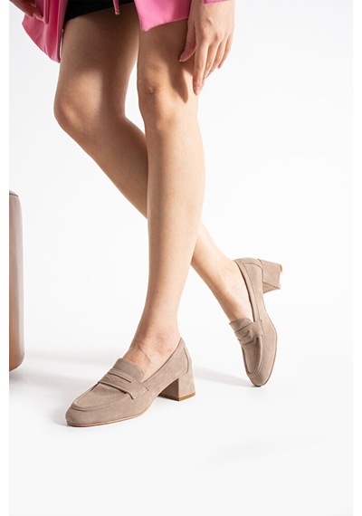Dericia Shoes Shimmer Hakiki Deri Süet Kadın Kalın Topuklu Ayakkabı Bej