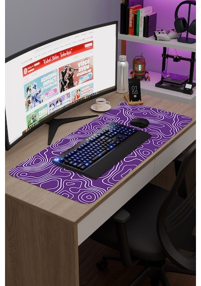 Mor Beyaz 90x40 Xxl Taraftar Gaming Oyuncu Mouse Pad Kaymaz Taban Büyük Fare Altlığı Topography