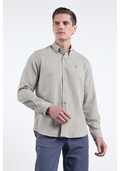 İmza Kahverengi - Beyaz Düğmeli Yaka Uzun Kol Cepsiz Slim Fit Pamuklu Gömlek 1004260164