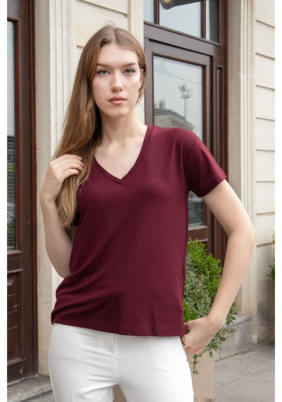 Jument Kadın V Yaka Kısa Kol Likralı Span Kumaş Şık T-shirt Bluz-bordo