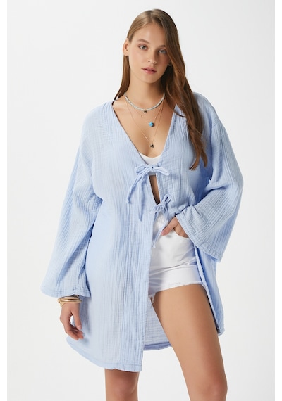 Ritnice Kadın Sandra %100 Pamuk Müslin Bağcıklı Mavi Kimono