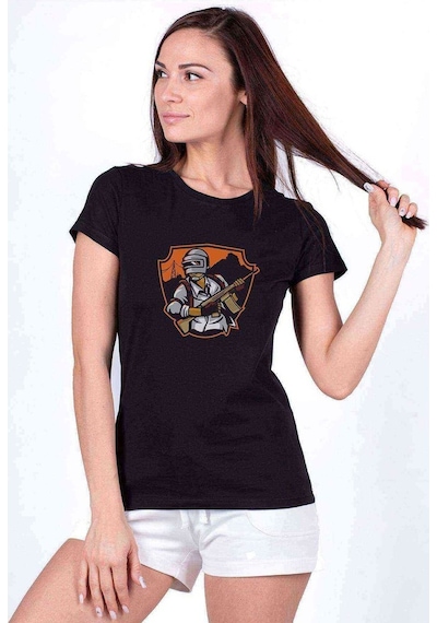 Pubg Soldier Running Baskılı Siyah Kadın Tshirt