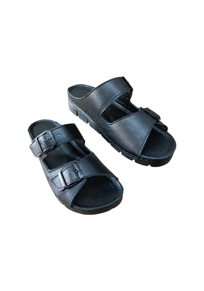 Castle Black 20317 Kadın Hakiki Deri İki Tokalı Comfort Terlik Siyah Siyah