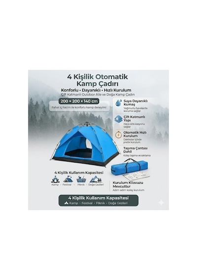 Buffer 4 Kişilik Otomatik Kamp Çadırı Çift Katmanlı, Suya Dayanıklı, Hızlı Kurulum Outdoor Aile V Yeşil