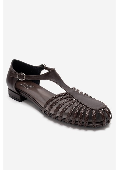 Luvishoes Onos Kahverengi Örgü Detaylı Kadın Sandalet Kahverengi
