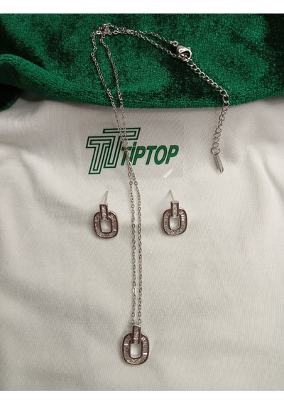 Tiptop/ Gümüş Renk Zirkon Taşlı Baget Kolye Ve Küpe Set Gümüş