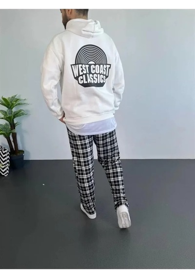 Efnaz Style Erkek Baskılı Üç İplik Kapüşonlu Oversize Sweatshirt - Beyaz
