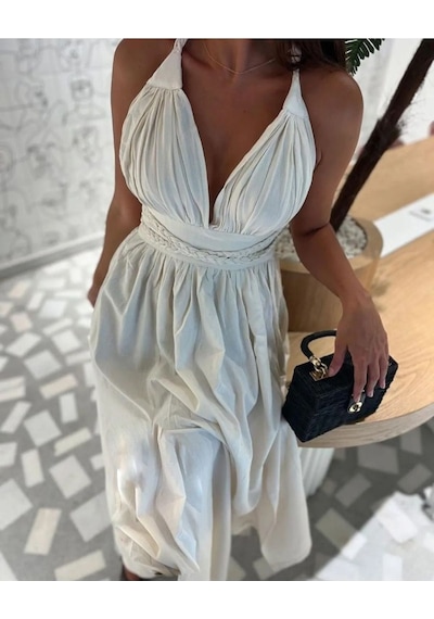 Fashion Cocktail Helenistik Keten Sırt Dekolte Örgü Bağlamalı Yırtmaçsız Astarlı Yazlık Bohem Uzun Maxi Elbise 2025 Bej