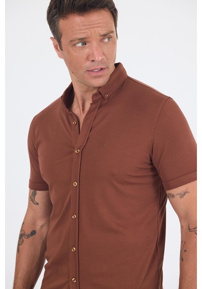 İmza Kiremit İtalyan Düğmeli Yaka Kısa Kol Cepsiz Slim Fit Gömlek 1004250255 Kiremit