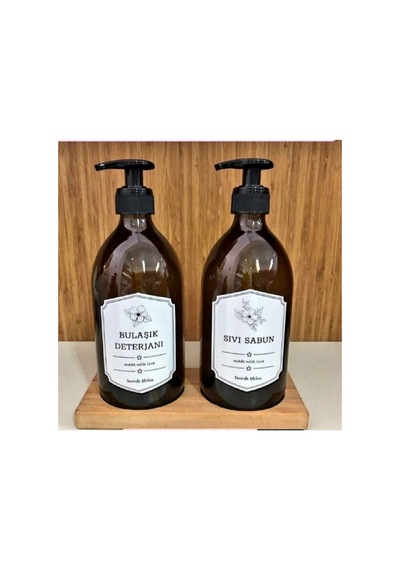 Ahşap Standlı 2'li Amber Cam Sıvı Sabun Bulaşık Deterjanı Şişesi Sabunluk 500 Ml Kahverengi Kahverengi