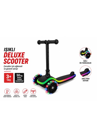 Işıklı Scooter Ön Işıklı Tekerlekler Ayarlanabilir Ön Gidon Kaymaz Güvenli Taban 3+ Yaş Siyah