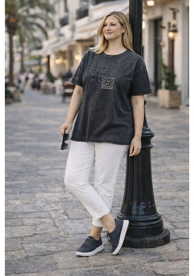 Cedy Denim Cedy - Kadın Özel Tasarım Esnek, Pul Payet, Dantel Detaylı Yıkamalı Büyük Beden Tişört Antrasit Cedy Denim Cedy - Kadın Özel Tasarım Esnek, Pul Payet, Dantel Detaylı Yıkamalı Büyük Beden Tişört Antrasit